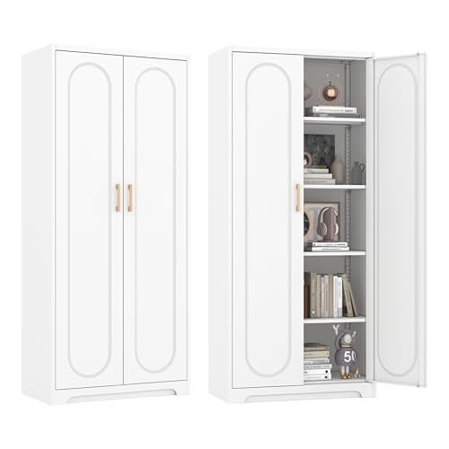 71" Tall Metal Storage Cabinet, Kitchen Pantry Storage Cabinets with Doors and 4 Shelves, White Pantry Cabinet, Utility Kitchen Cupboard, Large Steel Cabinets for Dining Room, Office, Living Room