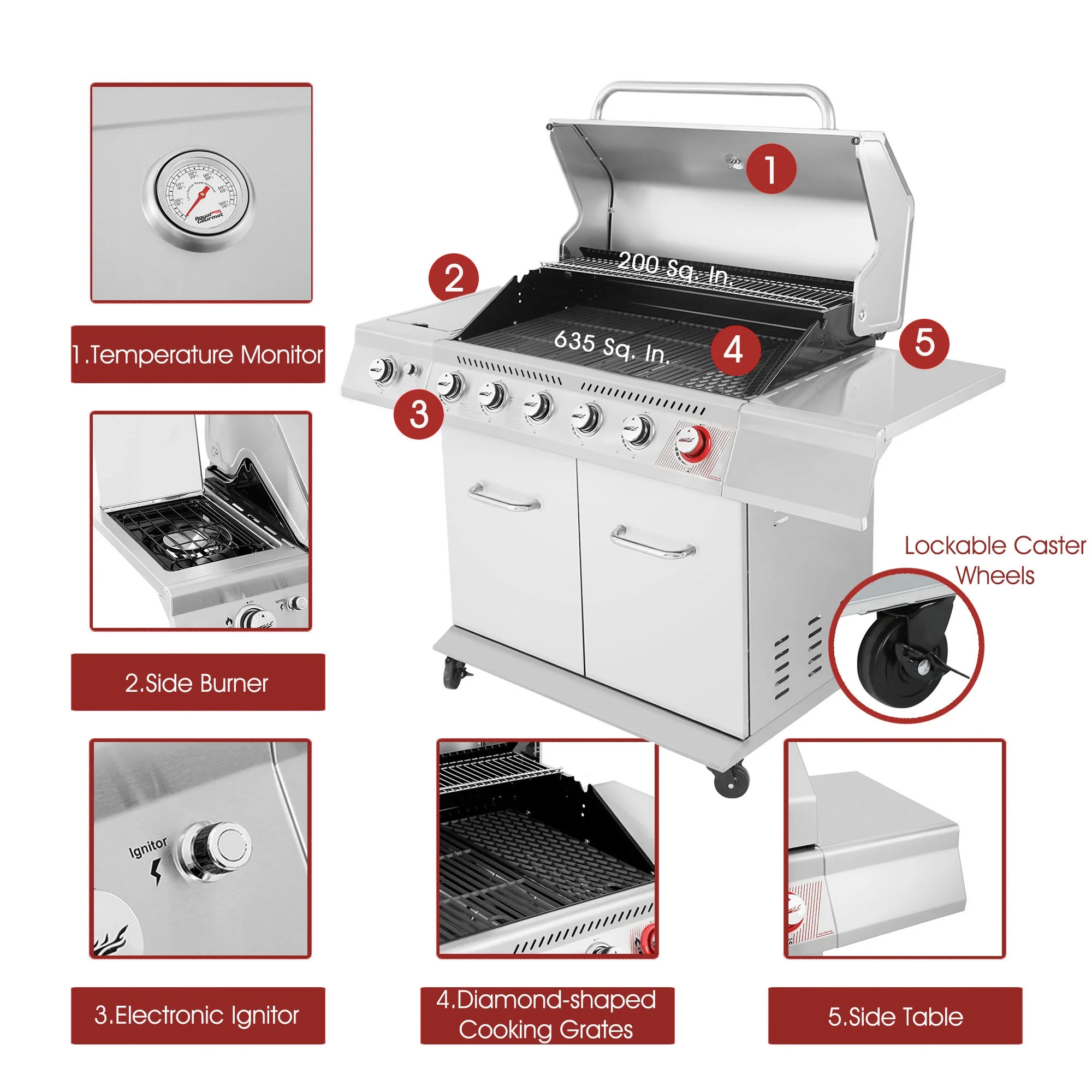 Royal Gourmet GA6402S Stainless Steel Gas Grill, Premier 6-Burner BBQ Grill with Sear Burner and Side Burner, 74,000 BTU, Cabinet Style, Outdoor Party Grill, Silver