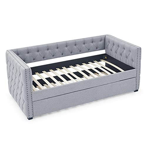 Daybed with Trundle, Fabric Upholstered Twin Size Day Bed Button-Tufted Sofa Daybed Frame Twin Roll-Out Trundle, No Box Spring Needed, Furniture for Bedroom, Living Room, Guest Room