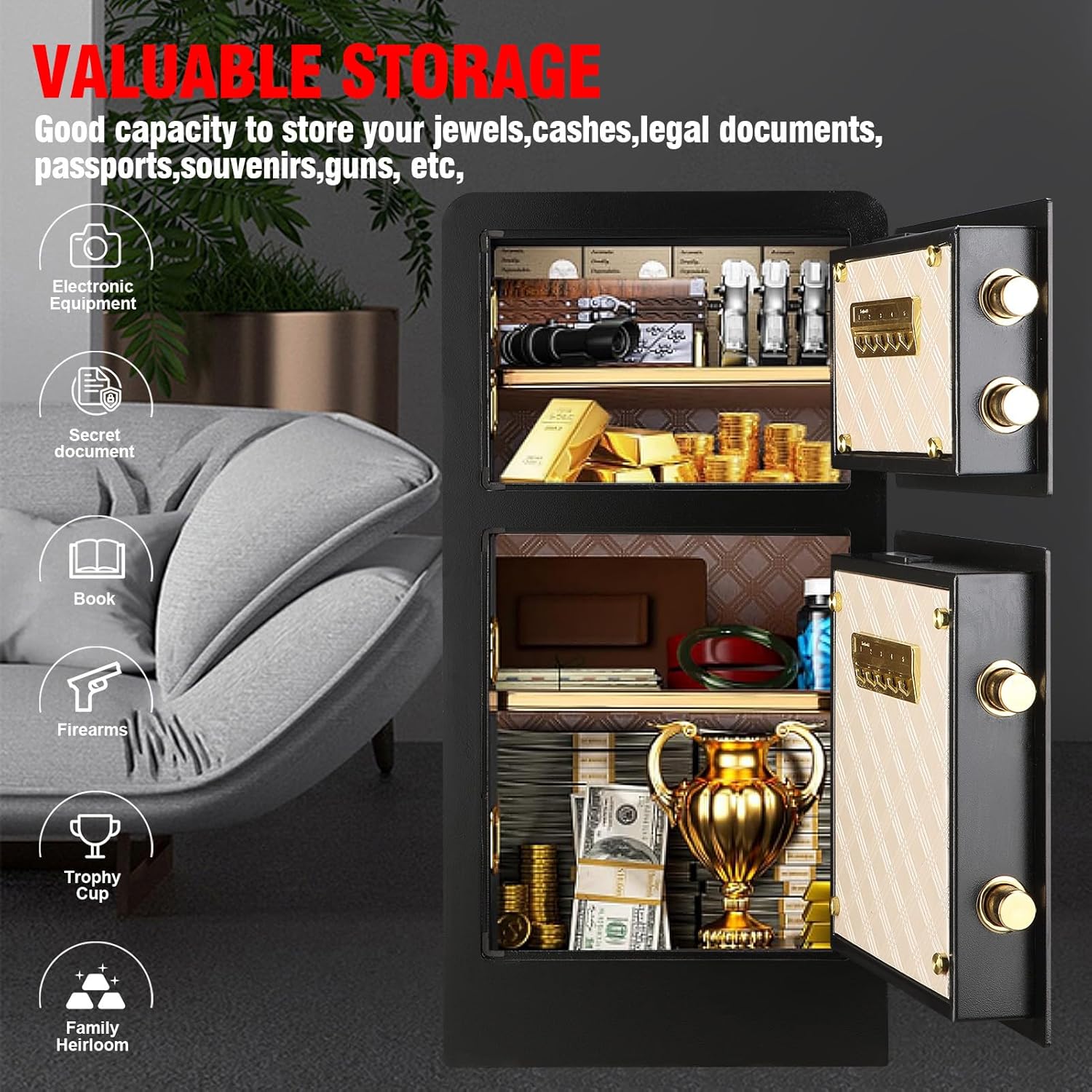 [True to Size] 6.1 CU FT Large Home Safe Box Fireproof Waterproof with Inner Hidden Lock Box- Security Safety Box with Digital Keypad and Key Lock Removable Shelf, Sensor Light for Documents