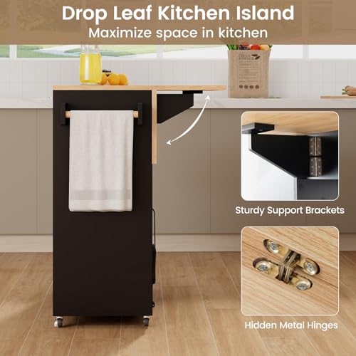 Giantex Rolling Kitchen Island Cart with Drop Leaf, Power Outlet, Spice Rack, 12 Wine Rack, Glass Holder, Drawer, Storage Cabinet, Towel Rack, Island Table for Breakfast Coffee Bar (Rustic Brown)