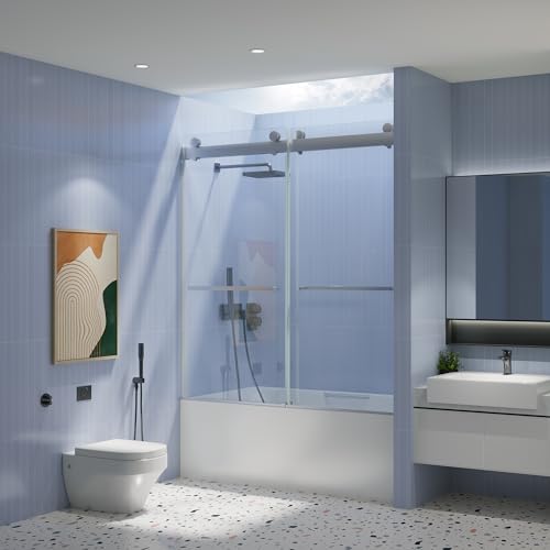 56-60in.W x 65in.H, Frameless Sliding Tub Door, with Clear Tampered Glass, Double Smooth Gliding Open and Close, Soft Closing, Reversible Installation, Brushed Nickel