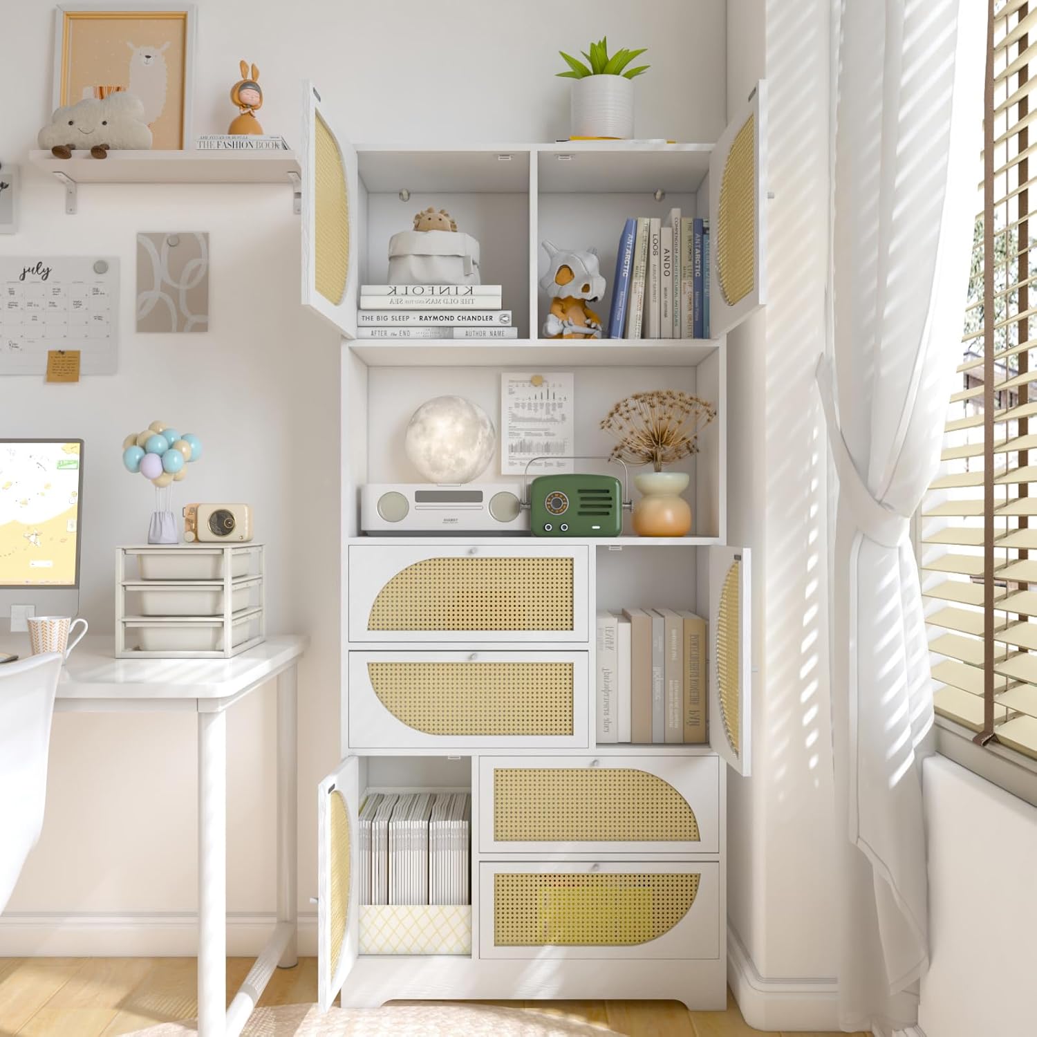 71" Tall Kitchen Pantry Cabinet, Kitchen Storage Cabinet Hutch Cabinet with Charging Ports and Microwave Stand, Rattan Kitchen Hutch with 4 Cabinets, 4 Drawers, for Dining Room Kitchen, White