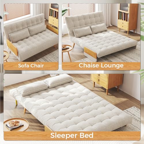 3-in-1 Convertible Chair Bed Sleeper for Adults, Linen Convertable Sleeper Chair with Wooden Arms & Pillows, Foldable Single Futon Sofa Bed (Mid Century with Walnut Arm, 36.6" Wide)