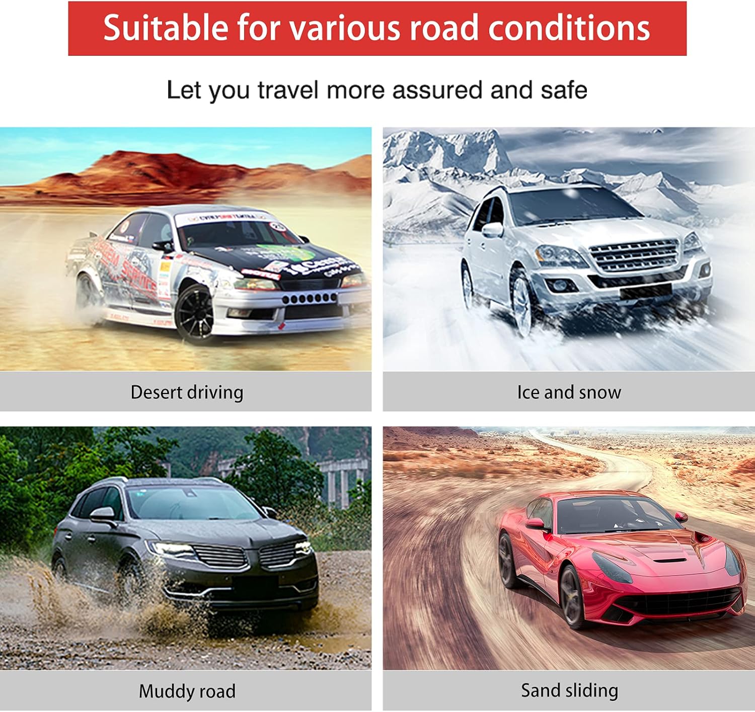 Universal Snow Chains for Cars/SUV/ LT Truck/Pickup Adjustable Traction Tire Chains for Tyres Width 145-285mm (5.71-11.2 inch)Easy to Mount Emergency Traction Snow Tyre Chains for Icing,Mud, Sand