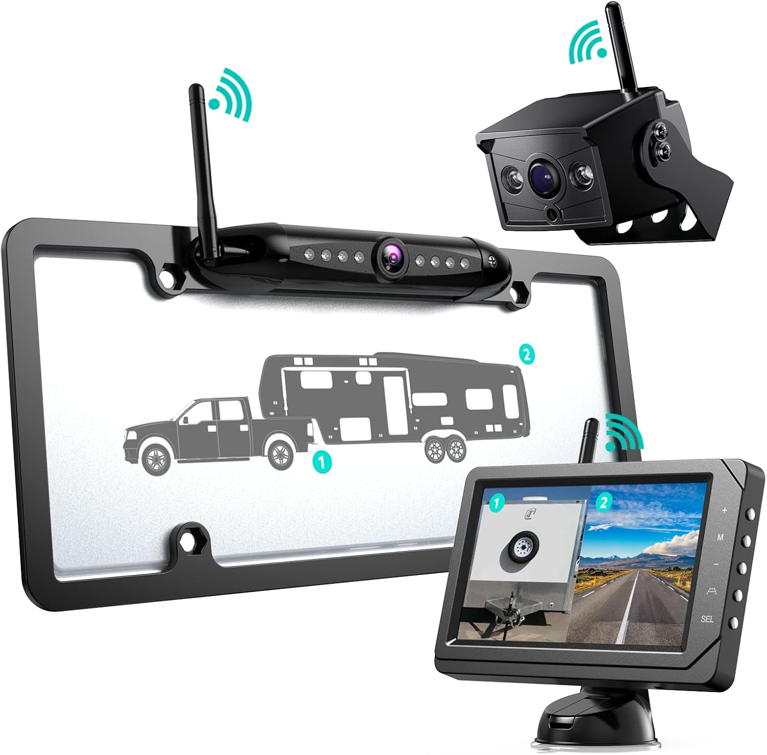 Nuoenx Wireless Backup Camera for RV, Split Screen 5 Inch HD Monitor W/ Wireless License Plate Backup Camera & Wireless Rear View Camera, IR Night Vision Waterproof Camera for RV, Trailer, 5th Wheel