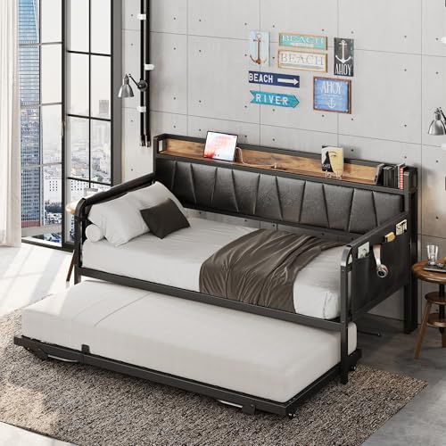 LIKIMIO Daybed with Trundle Bed, Twin Bed Frame with Storage Headboard and Charging Station, Sofa Day Bed with Strong Supports for Living Room, Bedroom, and Guest Room, Grey