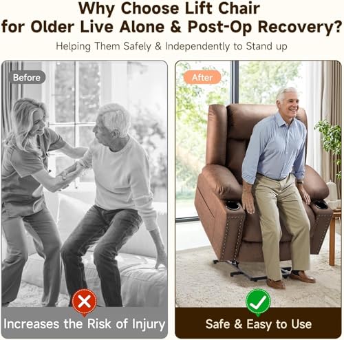 Large Power Lift Chairs Recliners for Elderly with Heated and Massage, Overstuffed Adjustable Lift Chairs, 3 Positions, Breathable Leather, USB-A and USB-C, Cup Holder, Side Pocket Dark Brown