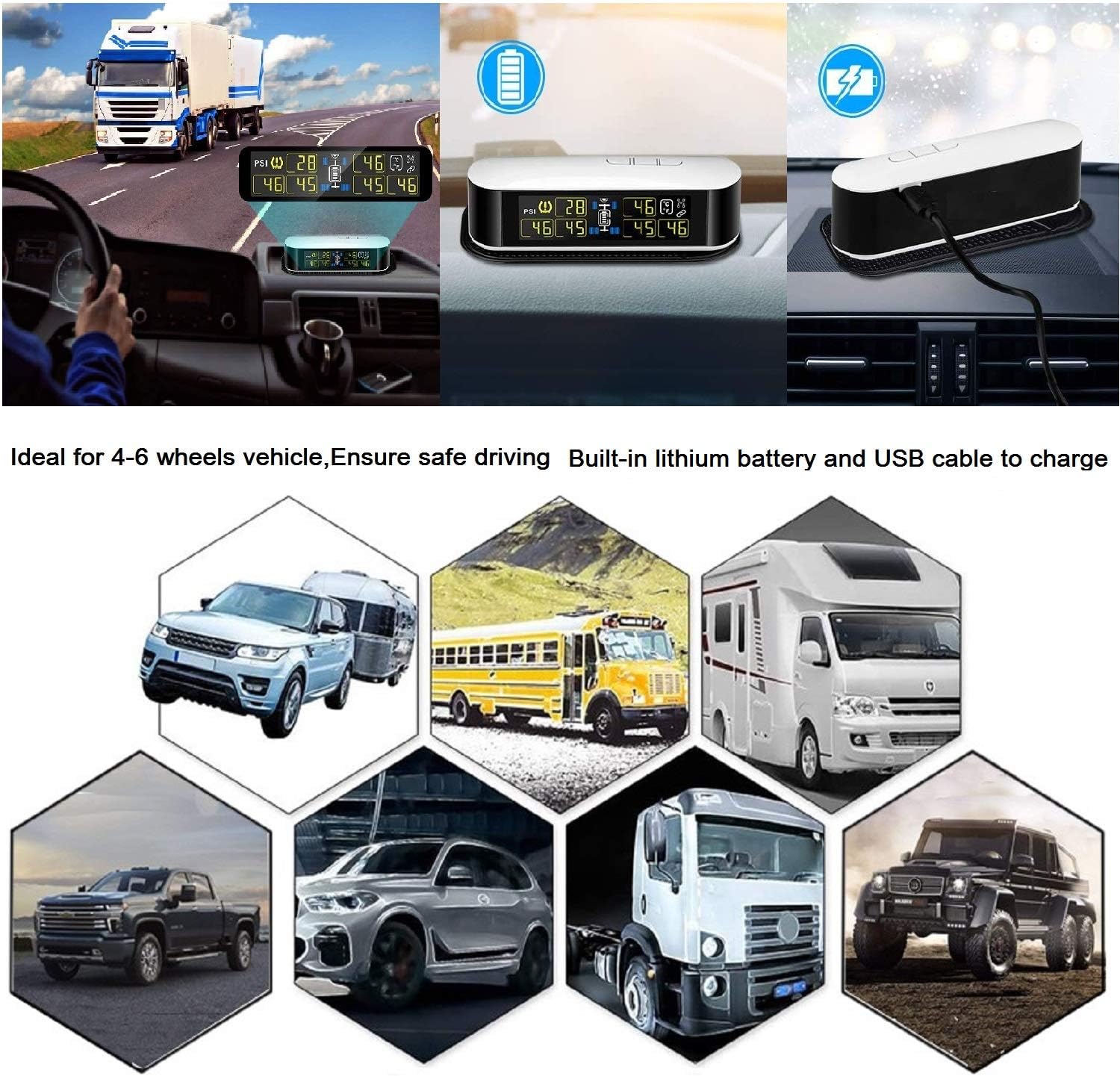INFITARY RV TPMS Tire Pressure Monitoring System Truck Trailer Real Time Monitor Tire Pressure Temperature Air Leakage Battery Auto Alarm 6 Anti-Theft External Cap Sensor for 4-6 Tires' Car Pickup Tow