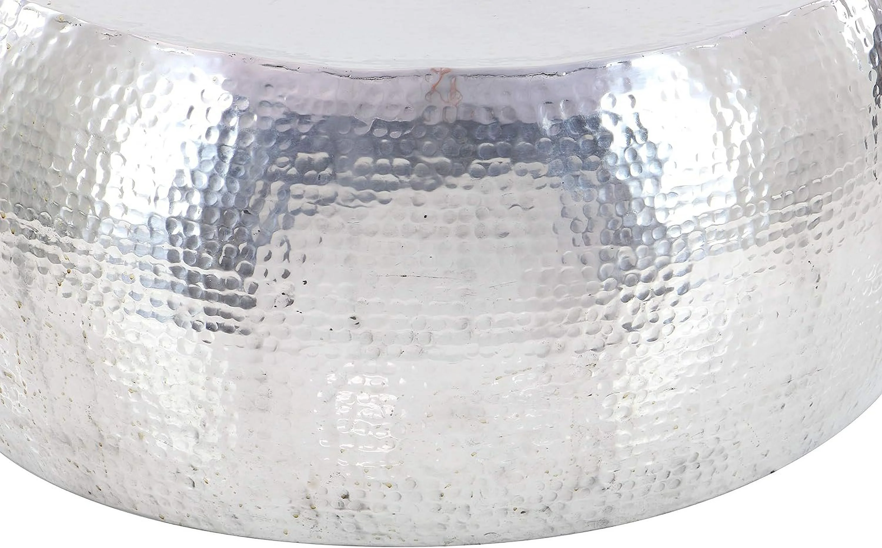 79 Aluminum Drum Shaped Coffee Table with Hammered Design  30" x 30" x 14"  Silver
