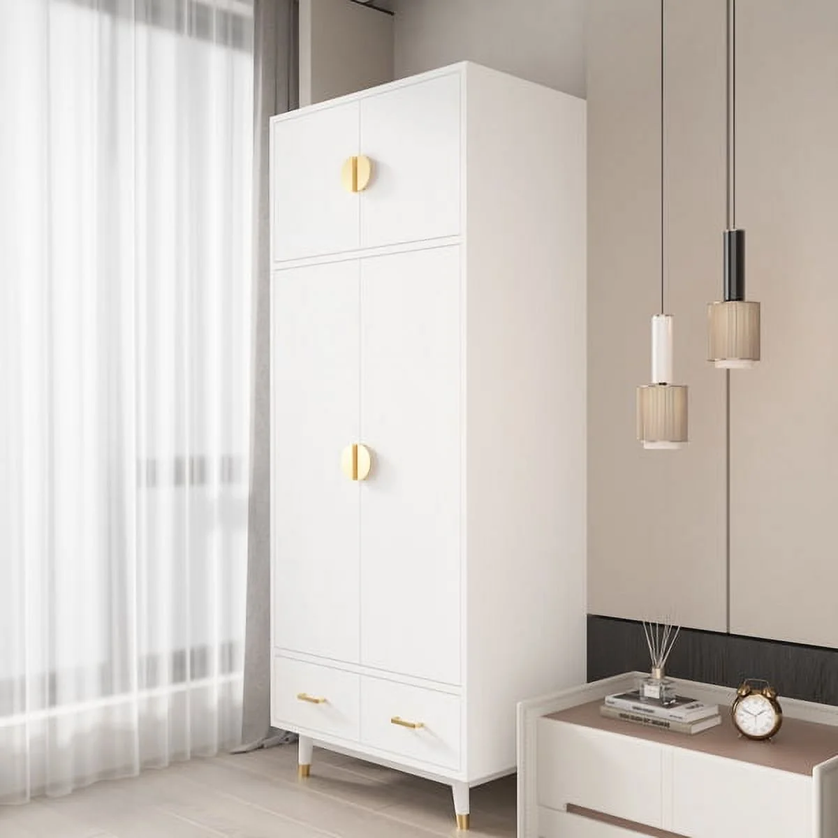 SYTHERS 4 Door Wood Wardrobe Bedroom Closet with Clothing Rod inside Cabinet and 2 Drawers for Storage, White(31.5"L x20.5"W x70.9"H)