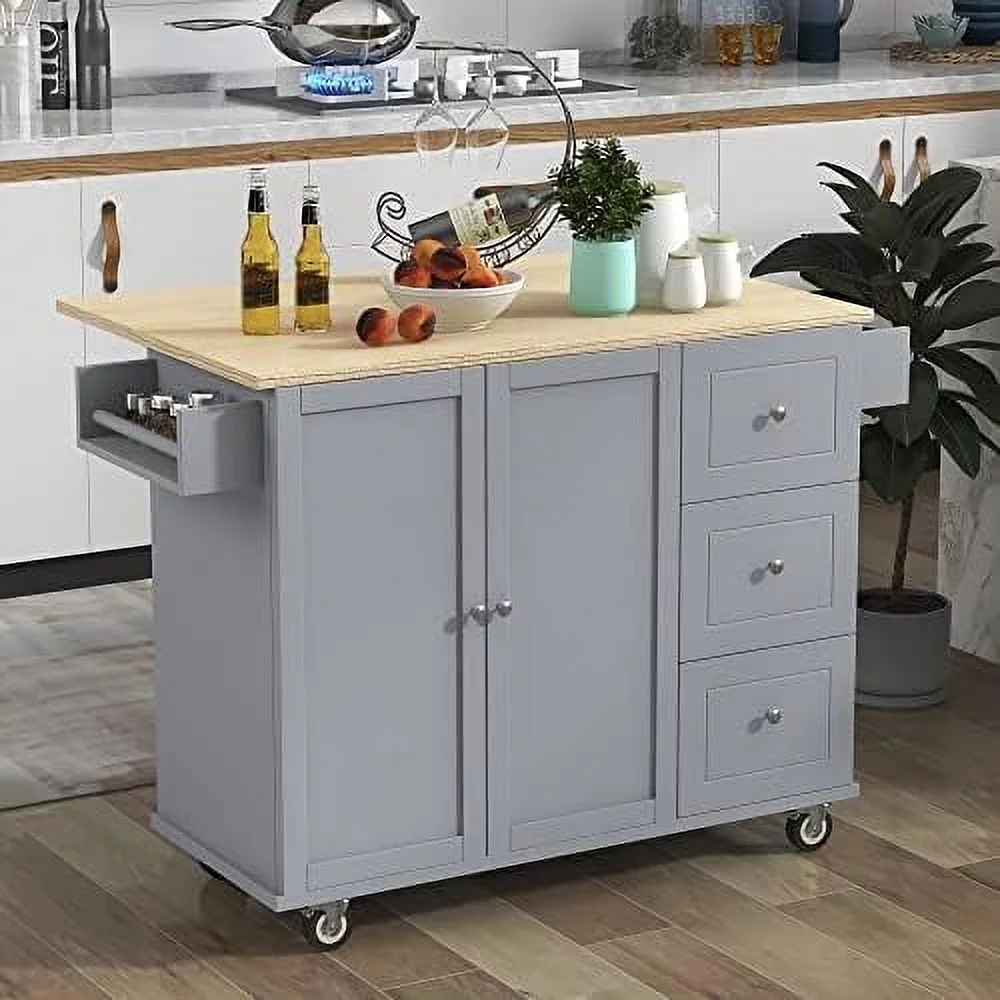 TJCGDTY Rolling Kitchen Island Cart with Folding Drop Leaf and  Cabinets  Kitchen Cart on Wheels with Spice Rack  Towel Rack and 3 Drawers  Dark Blue - Curated Treasures Market