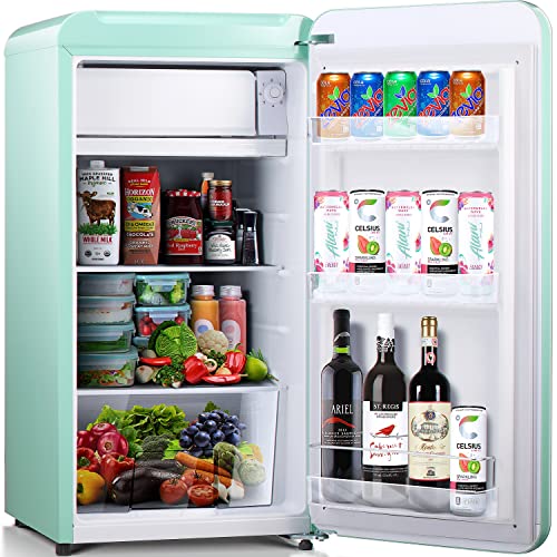 Kismile Retro Mini Fridge with Freezer,Small fridge with Adjustable Removable Glass Shelves, Mechanical Control, Compact Refrigerator for Office, Dorm, Bedroom