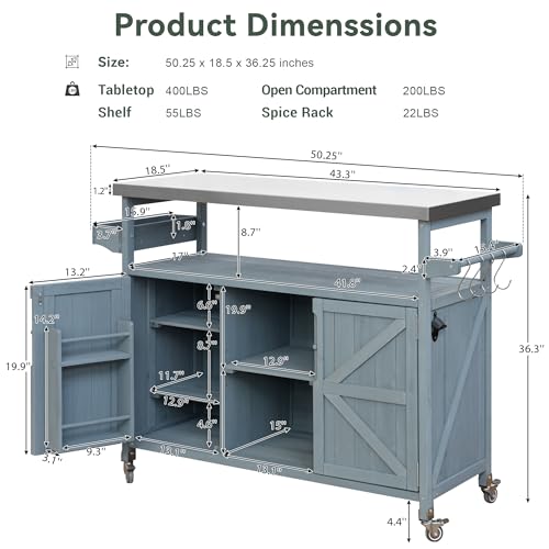 Outdoor Kitchen Island,Rolling Bar Cart & Storage Cabinet,Solid Wood Grill Table with Stainless Steel Top and Internal Storage Racks,for Patio Kitchen & Barbecue (Natural@Grill Table)