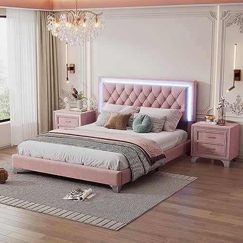 3-Pieces Bedroom Furniture Sets, Queen Size Upholstered Platform Bed with LED Lights and 2 Nightstands, Velvet Platform Bed with Crystal Tufted Headboard,Strong Wooden Slats, Metal Legs (Gray-P3A01)