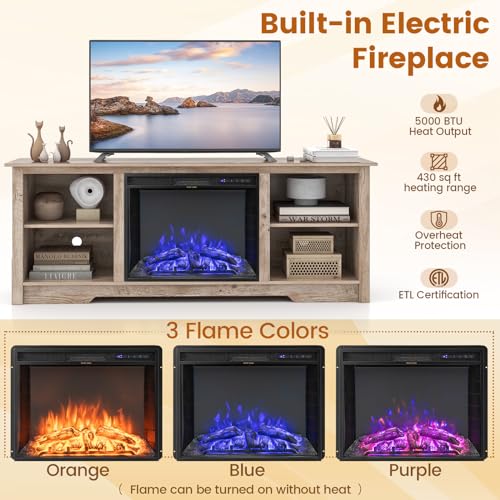 COSTWAY Electric Fireplace TV Stand for TVs up to 75 Inches, 1500W Heater Insert with Remote Control, 3 Flame Colors, 70-inch Wooden Entertainment Center with Adjustable Shelves, Black