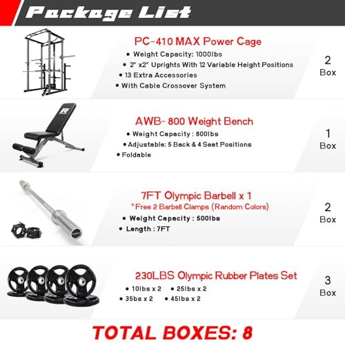 RitFit Power Cage with Optional LAT PullDown/Cable Crossover/Smith Machine System, 1000LB Squat Rack for Home & Garage Gym, with Weight Storage Rack and More Training Attachments, ASTM-Certified