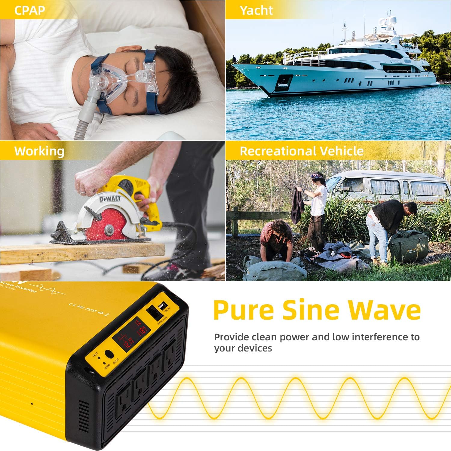 1200W Pure Sine Wave Inverter Power Converter DC 12V to AC 110-120V Power Source with 15 Feet Remote Control Cable