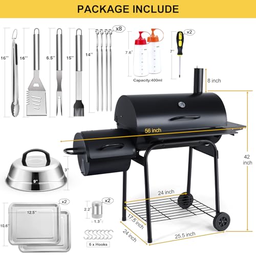 Charcoal Grill Offset Smoker（Grill + BBQ Tools）, Joyfair Large Barrel Grill with 770Sq.In. Cooking Space for 8-10 People Cooking, Heavy Gauge Steel & & Basic Accessories, Adjustable charcoal tray