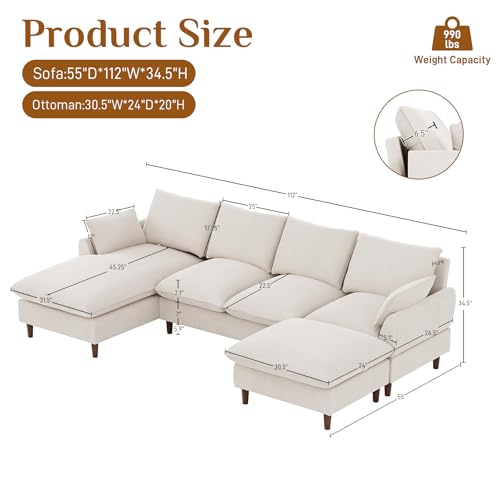 U-Shaped Sectional Sofa Couch, 112" Comfy Deep Seat Cloud Couch with Convertible Ottoman & Chaise, Modern Oversized Modular 5 Seat Sleeper Sofa Set for Living Room Office, Beige White Chenille