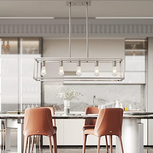 5 Lights Island Lighting Brushed Nickel Dining Room Chandelier Farmhouse Hanging Light Fixture Modern Kitchen Island Linear Lighting Farmhouse Chandelier for Bar Restaurant