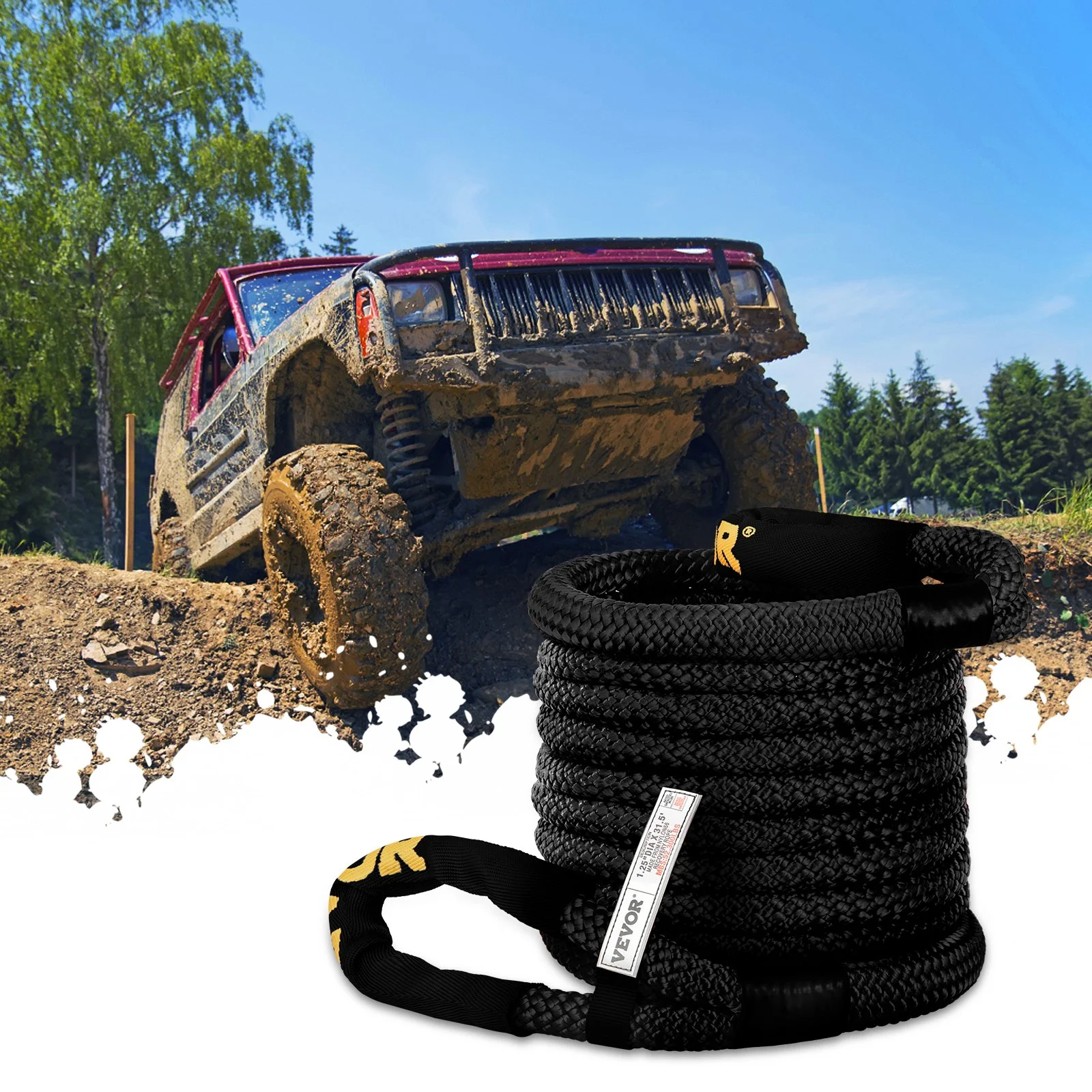 Vevor  1.25 in. x 31.5 ft. Kinetic Recovery & Tow Rope, Black - 52,300 lbs