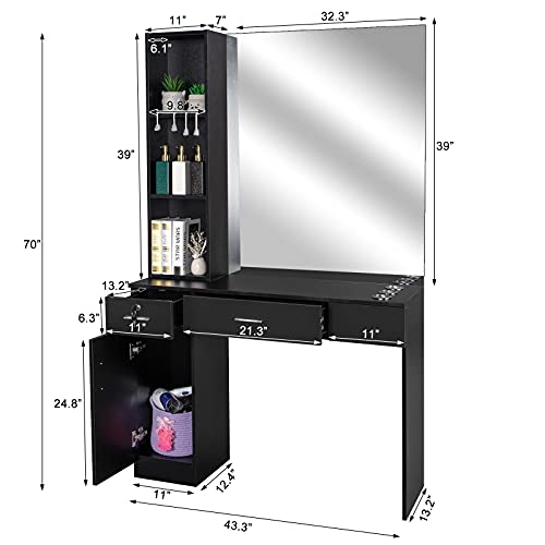 Barber Station Wall Mount Salon Hair Styling Beauty Spa Equipment w/Mirror, 2 Drawers, 1 Storage Cabinet, 3 Open Shelves (Black)