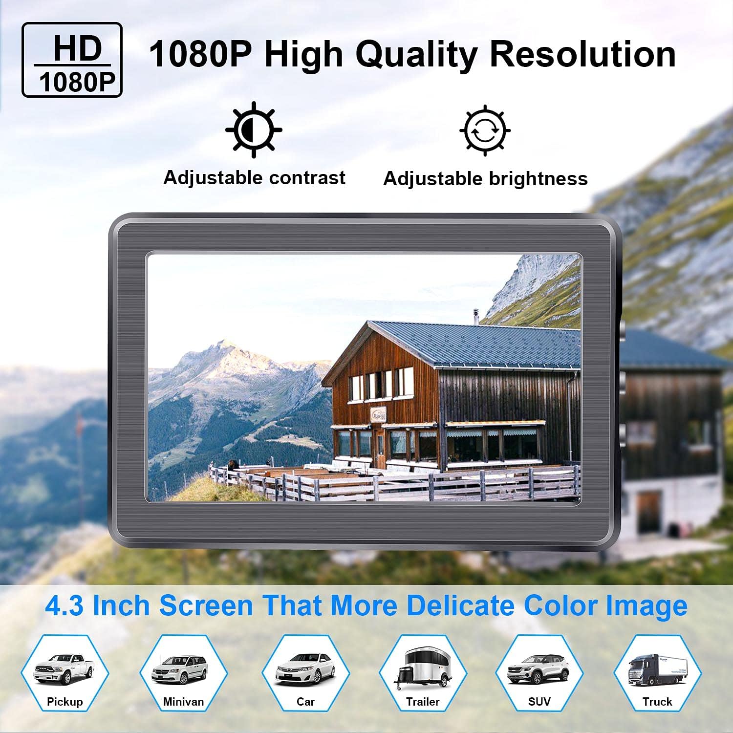 Backup Camera for Car Truck HD 1080P Rear View Mirror Camera System with 4.3 Inch Monitor, Easy to Install,6 LED Lights Clear Night Vision, DIY Grid Lines - AMTIFO A2