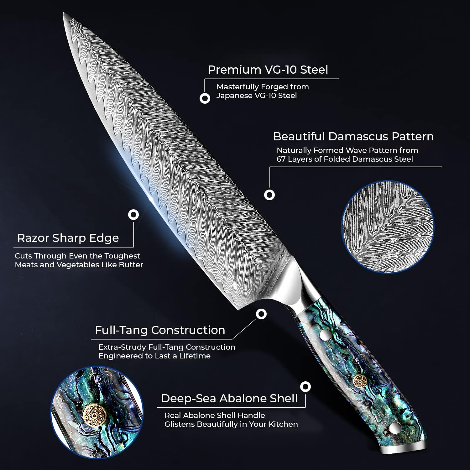 SENKEN 5-Piece Damascus Steel Kitchen Knife Set with Black Walnut Magnetic Knife Block, 67-Layer Japanese VG10 Steel, Real Deep-Sea Abalone Shell Handle, Chef's Knife, Santoku, Paring, Fillet, Utility