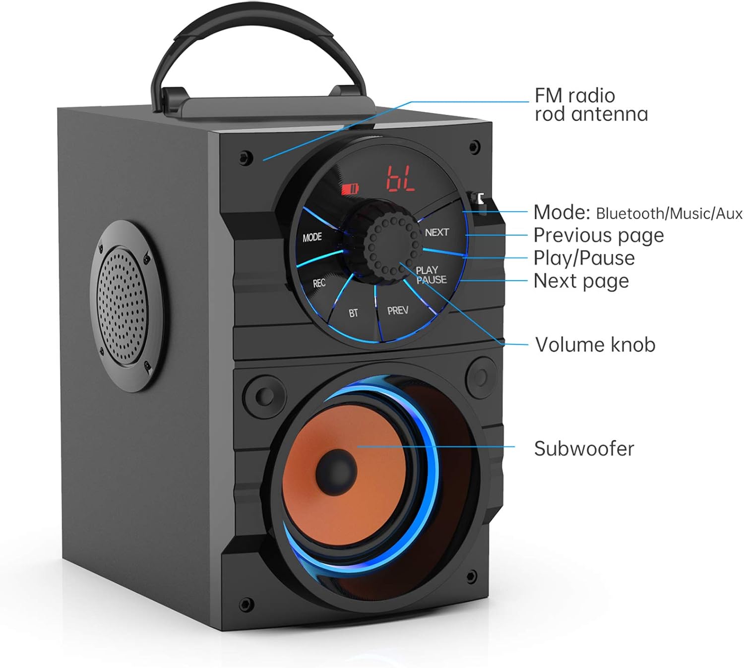 Portable Bluetooth Speakers with Light, Wireless Big Speakers with Subwoofer, FM Radio, LED Lights, EQ, Booming Bass, Bluetooth 4.2 Stereo Loud Outdoor/Indoor Party Speakers for Home, Camping, Travel