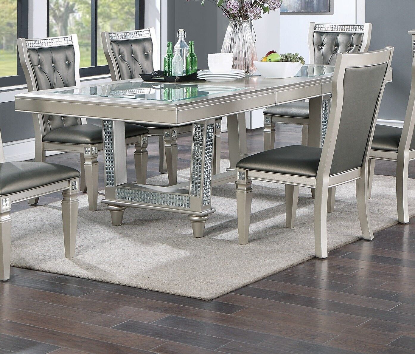 Esofastore Silver Hues Grey Finish 7pc Set Table w Glass Insert Top 6x Side Chairs Dining Room