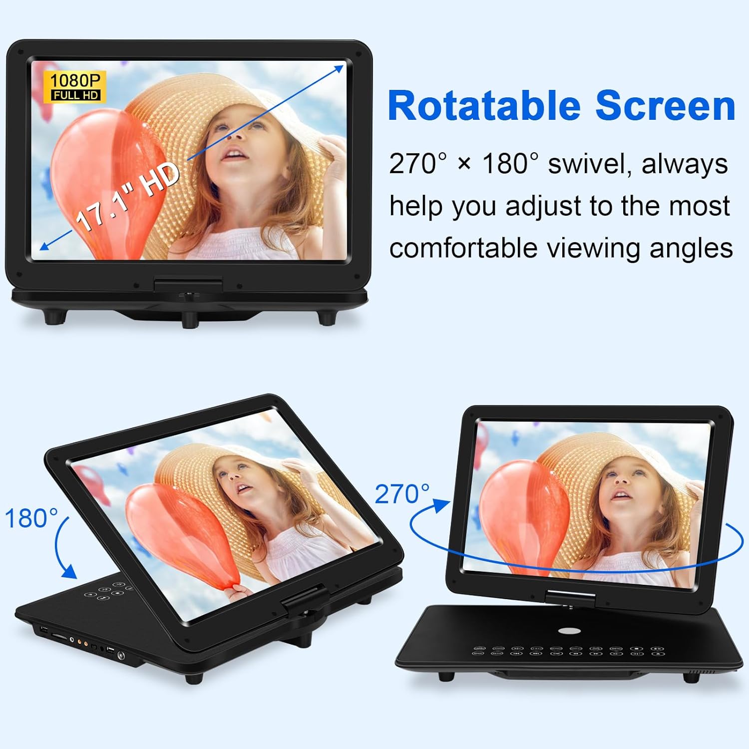 19.6" Portable DVD Player with 17.1" HD Swivel Screen, 4H Rechargeable Battery, Support USB/SD Card/Discs/Sync TV, Dual Stereo Speakers, Last Memory, Car Charger, Remote Control