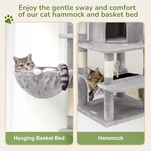 Globlazer Corner Cat Tree for Large Cats, 66inch Tall Curved Series Large Cat Tower for Multiple Indoor Cats with 6 Scratching Posts, 2 Spacious Cat Condos, Hammock, Hanging Basket, C66, Beige