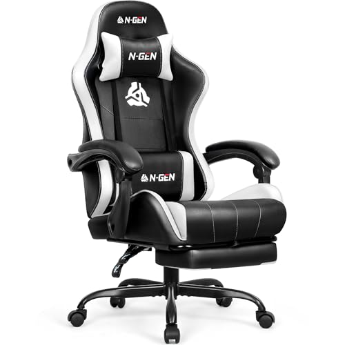 N-GEN Video Gaming Chair with Footrest High Back Ergonomic Comfortable Office Computer Desk with Lumbar Support Height Adjustable with PU Leather Recliner for Adults Women Men (Black)