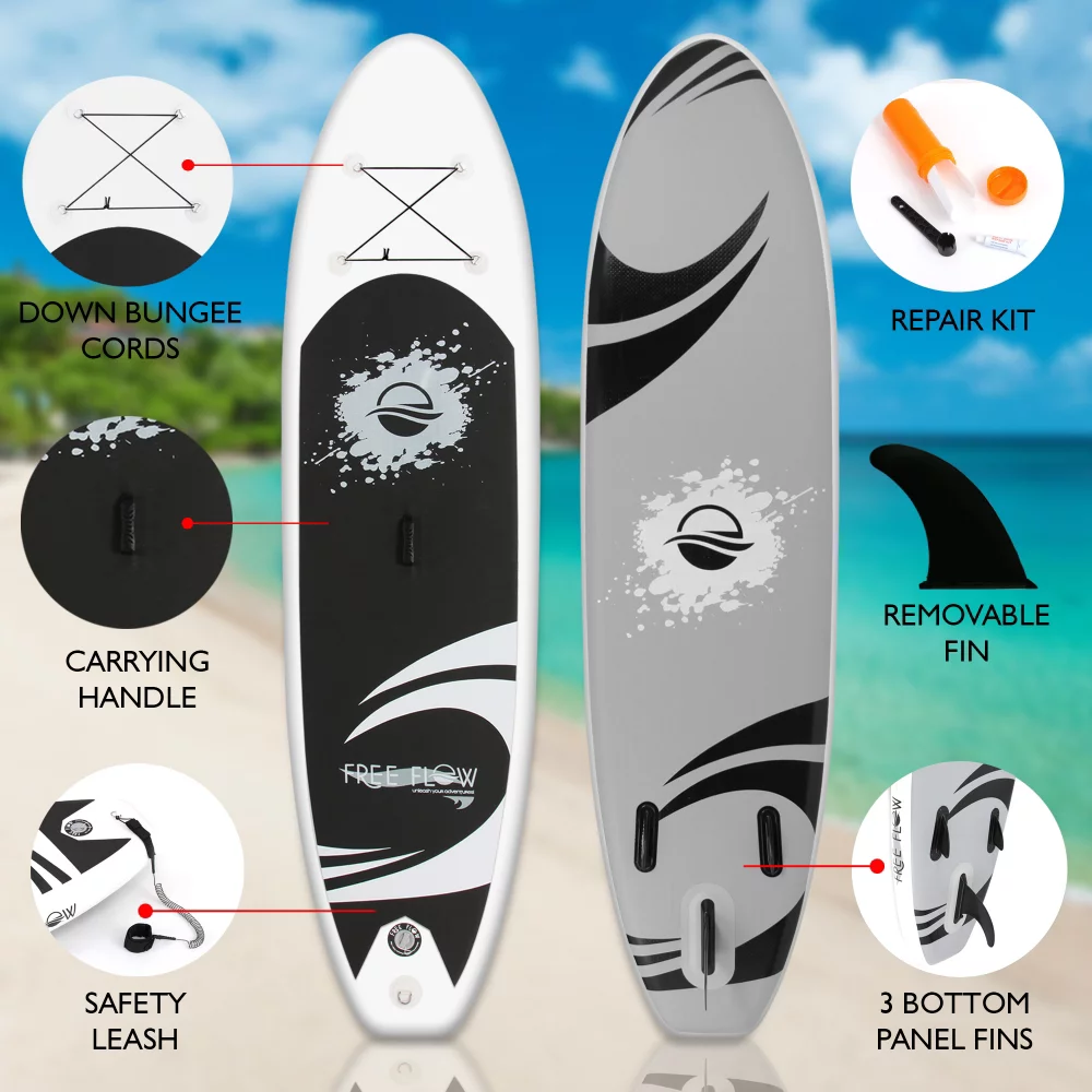 SereneLife 11 Foot Free Flow Inflatable SUP Stand Up Paddle Board Kit, White