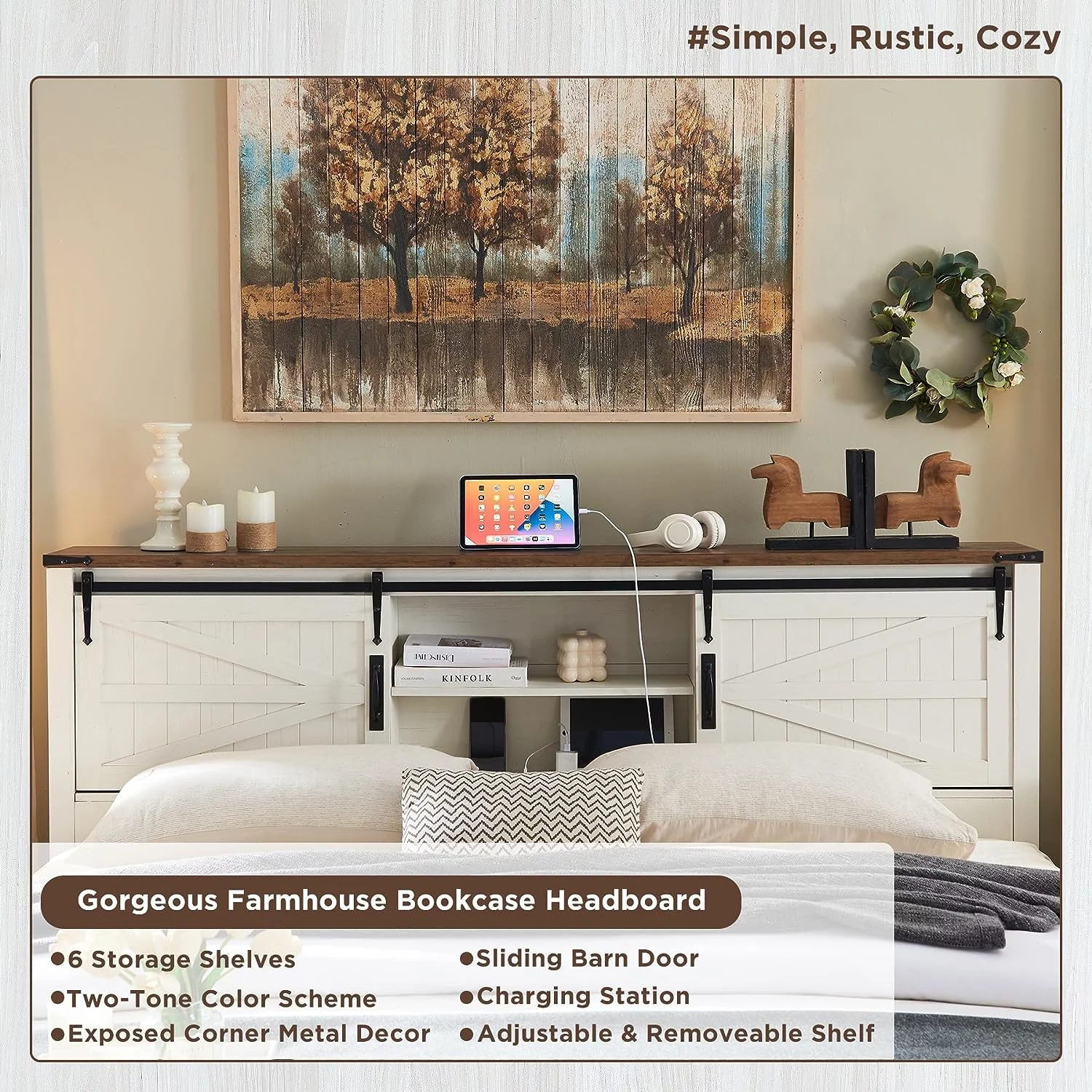 OKD Modern Farmhouse Full Platform Bed with Bookcase Headboard Storage and Charging Station, No Box Spring Needed, Anitique White Finish