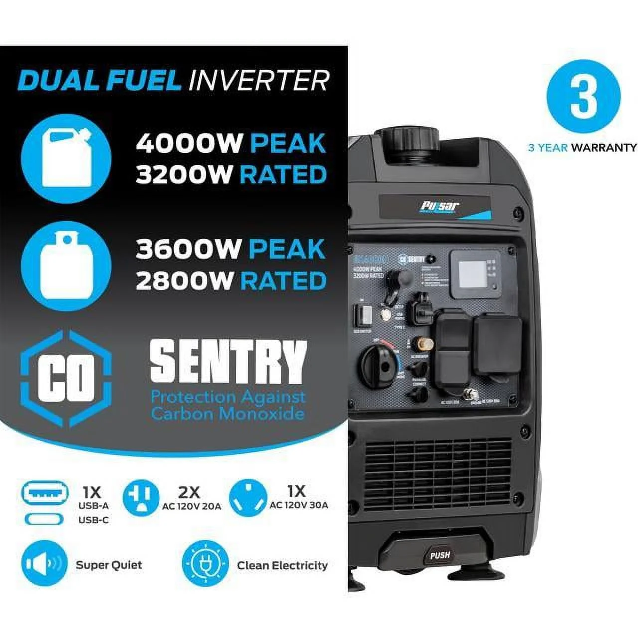 Pulsar Products GX400BN DUAL FUEL 4000W INVERTER GENERATOR WITH CO ALART