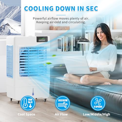 Evaporative Cooler, 3531CFM Evaporative Air Cooler with 10.6 Gal Large Tank, 130°Oscillation Swamp Cooler, Remote Control, 1-24H Timer, 3 Wind Speeds Air Cooler for Room InOutdoor