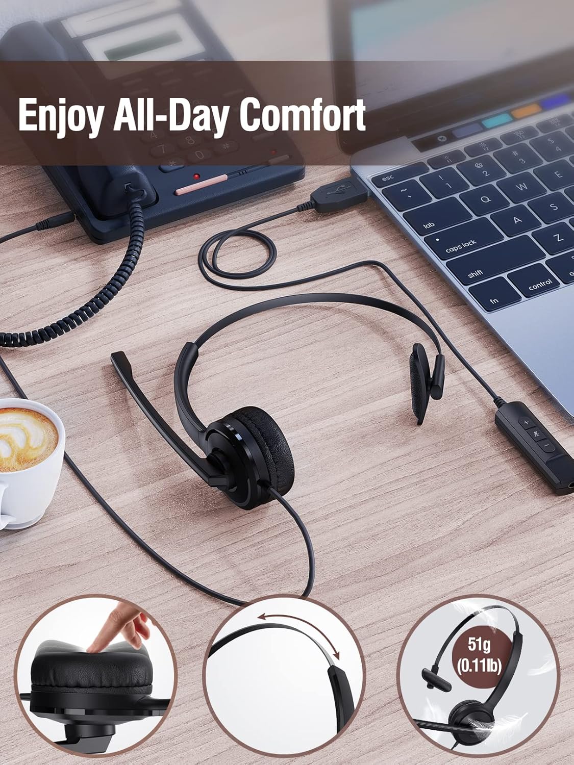 Phone Headsets with Microphone Noise Cancelling, Single-Sided USB Headset with Inline Volume Control & Mute, 2.5mm Telephone Headset for Polycom Panasonic AT&T Vtech Uniden Office Cordless Phones