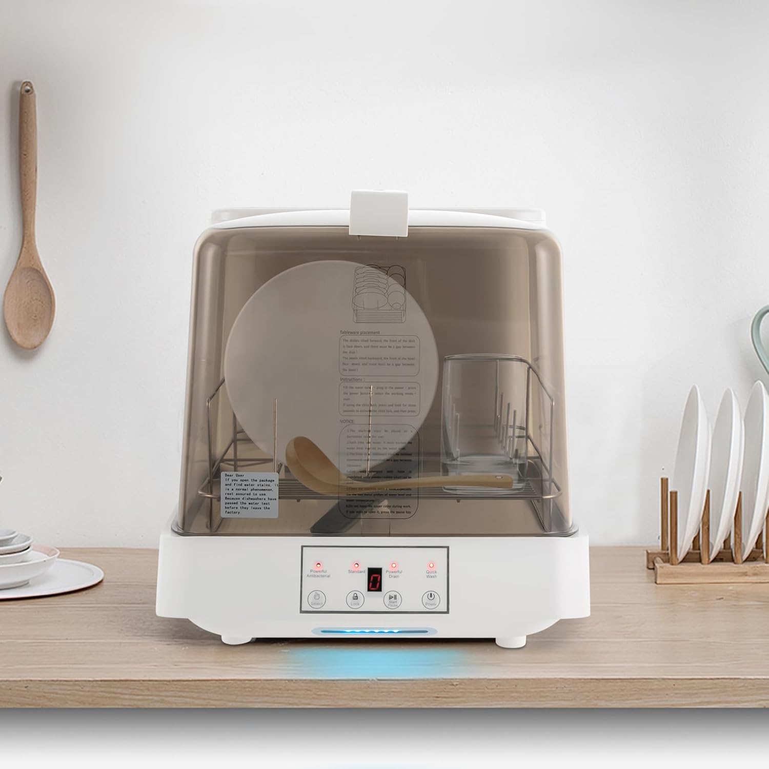 Headry Modern Visible Countertop Dishwasher with Built-in 1.59gal Water Tank, Portable Mini Counter Dishwasher, 3 Cleaning Mode, 360°Rotating Spray, Air-Dry Function Large Capacity (Brown&White)