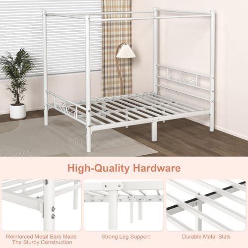 Queen Size Metal Canopy Bed Frame, Four-Poster Canopied Platform Bed Frame with Headboard and Footboard, Sturdy Metal Slatted Structure, No Box Spring Needed, Easy Assembly, White
