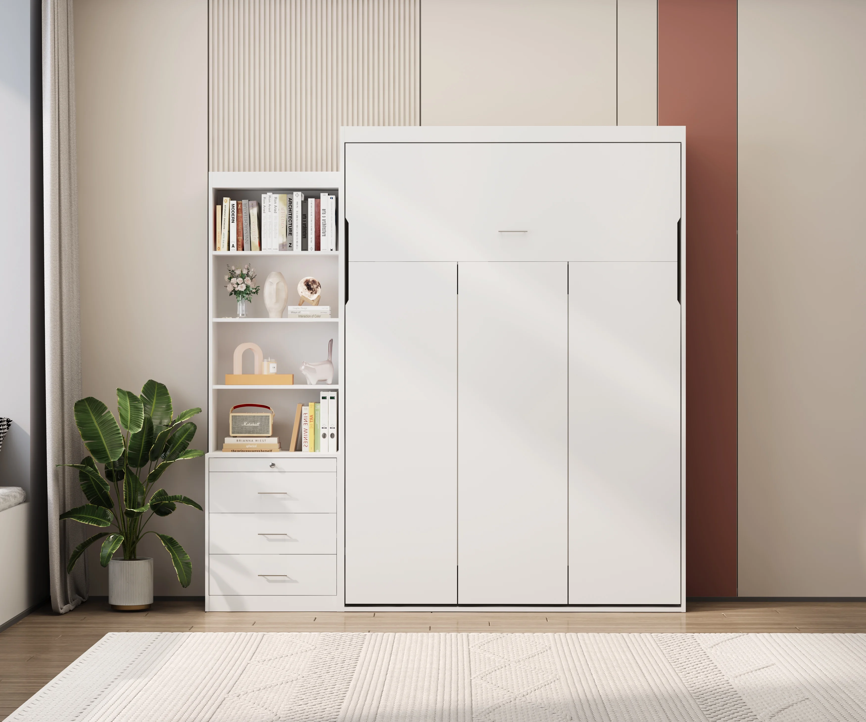Full Size Vertical Murphy Bed with Shelf and Drawers for Bedroom or Guest room White Wall Bed Space Saving Hidden Bed Gas Struts (White)