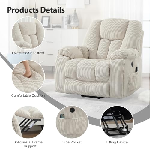 CANMOV Large Power Lift Recliner Chair with Massage, Heat, and USB for Elderly, Overstuffed Wide Recliners, Heavy Duty and Safety Motion Reclining Mechanism, Gray