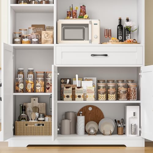 HOSTACK 71" Tall Kitchen Pantry Storage Cabinet, Farmhouse Food Pantry Cabinet with Microwave Stand, Barn Doors Kitchen Hutch with Large Drawer and Shelves for Dining Room, Ash Grey