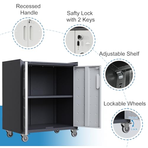 Garage Storage Cabinet Wall Cabinet with 2 Doors,Lockable Tool Cabinets Wall Mounted with Adjustale Shelves,Heavy Duty Steel Hanging Cabinets for Warehouse Kitchen Laundry,Assembly Required