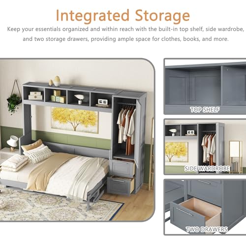 Linique Full Size Murphy Cabinet Storage Wall Bed with Closet and Drawers and Built-in Top Shelf,Hide a Bed on a Wardrobe Space Saving Design,Gray