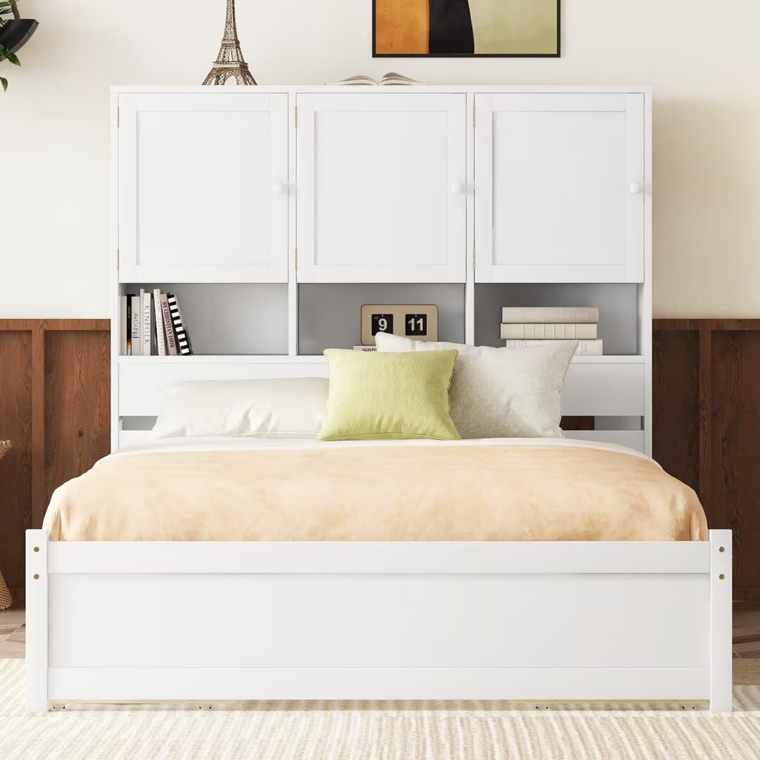 Modern Designs Queen Size Platform Bed with 4 Storage Drawers & Bookcase Headboard, Wooden Full Bed Frame with Charging Station for Kids Teens Adults, No Box Spring Needed, White