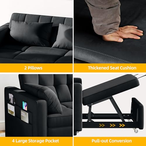 DWVO 55" Futon Couch, 3-in-1 Futon Sleeper with Pull-Out Bed, Convertible Sofa Bed with Adjustable Backrest and Side Pocket, Modern Loveseat Sleeper for Living Room, Grey Velvet, Full Size