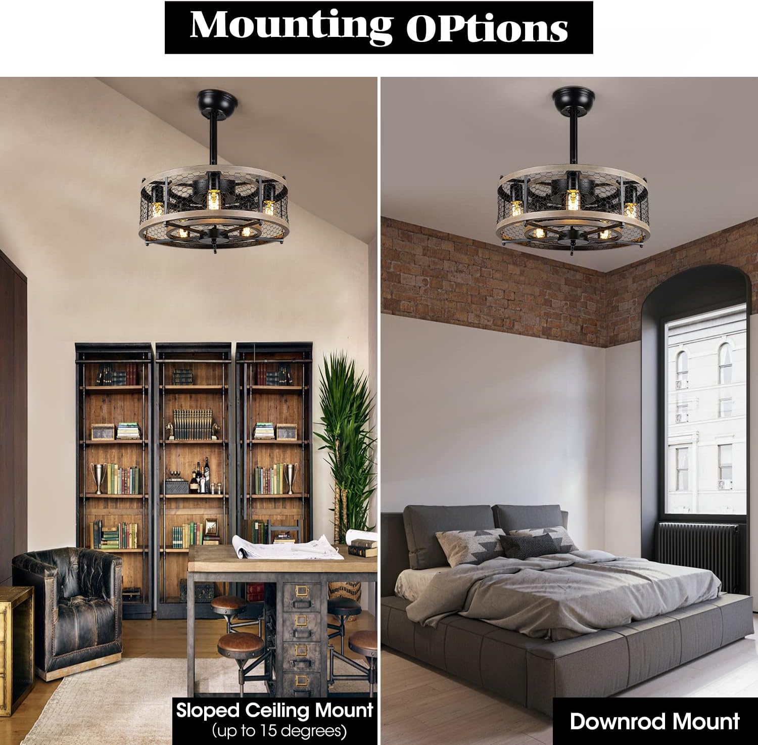 Caged Ceiling Fan with Lights Remote Control, Bladeless Rustic Farmhouse Ceiling Fan with Light, MADSHNE 20'' Small Modern Industrial Bedroom Ceiling Fan, Reversible