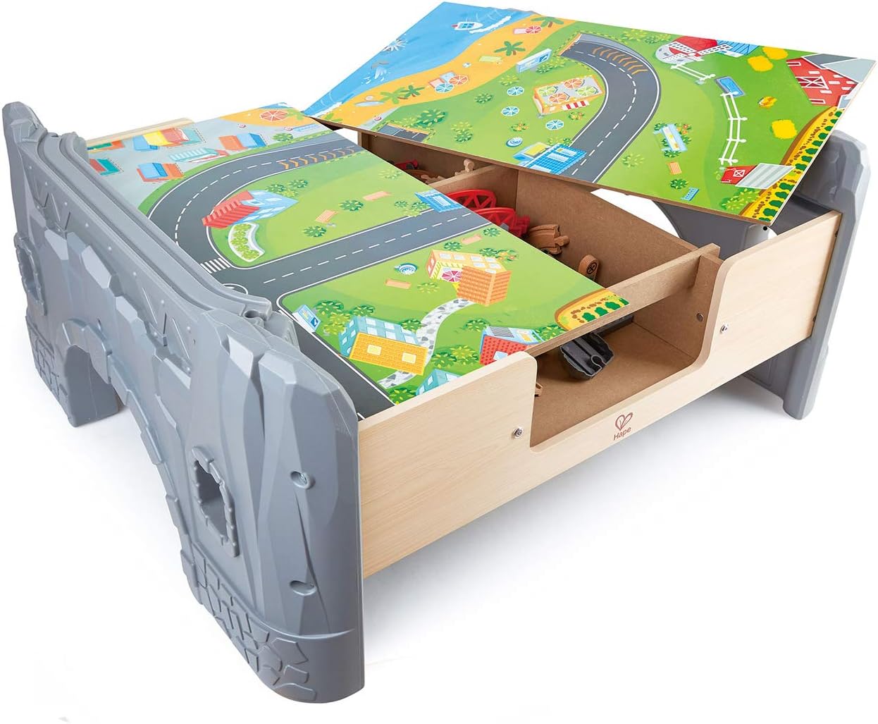 Hape E3766 70 Piece Railway Train Table and Set Toy with Battery Powered Locomotive with Removable Playmat Surface and Storage for Kids 3 Years and Up
